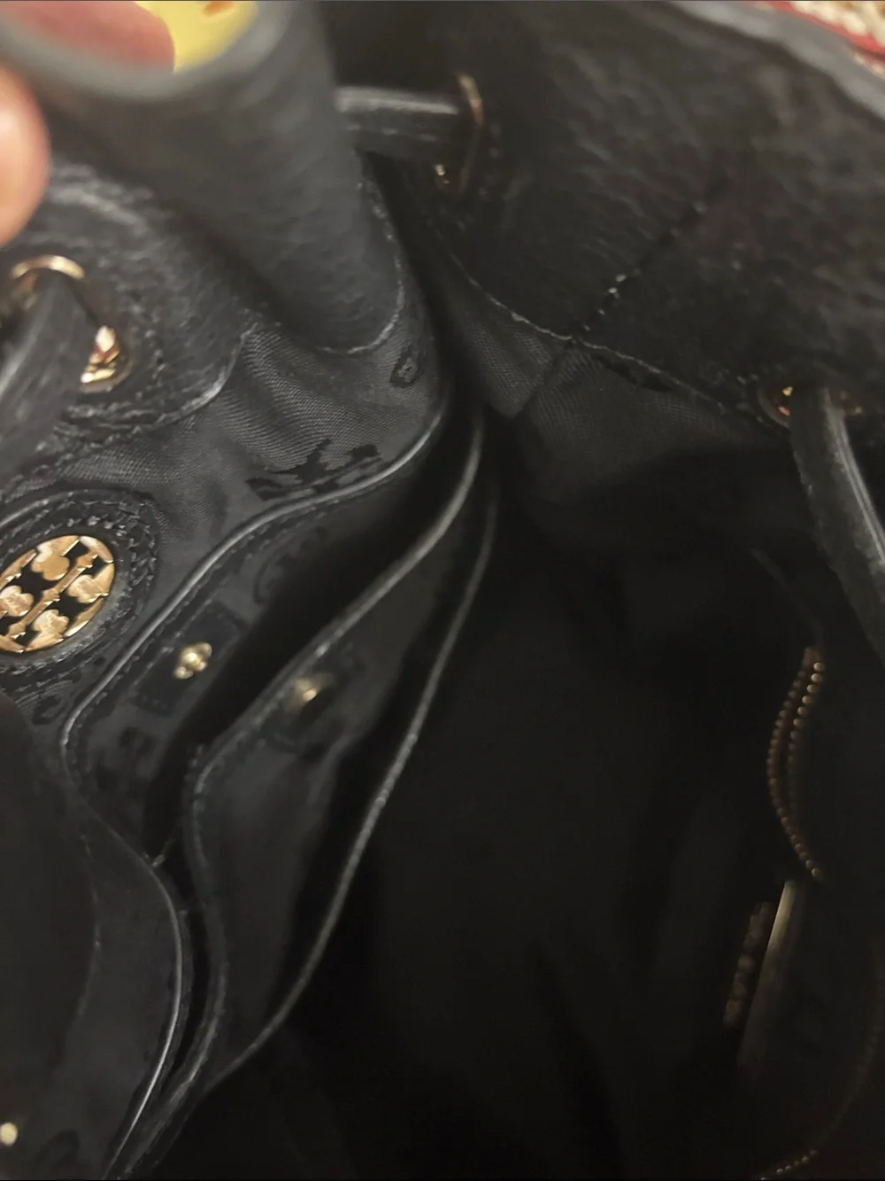 Tory Burch Black Leather Drawstring Shoulder Bag with Gold Logo
